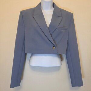 ZARA Dusty Blue Cropped Blazer with V-Neck Lapel Collar - (S)